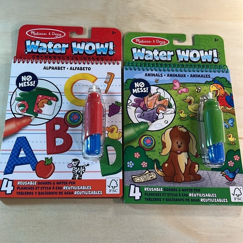 Melissa and Doug Water Wow and Write and Wipe books and dr. Seuss writing paper